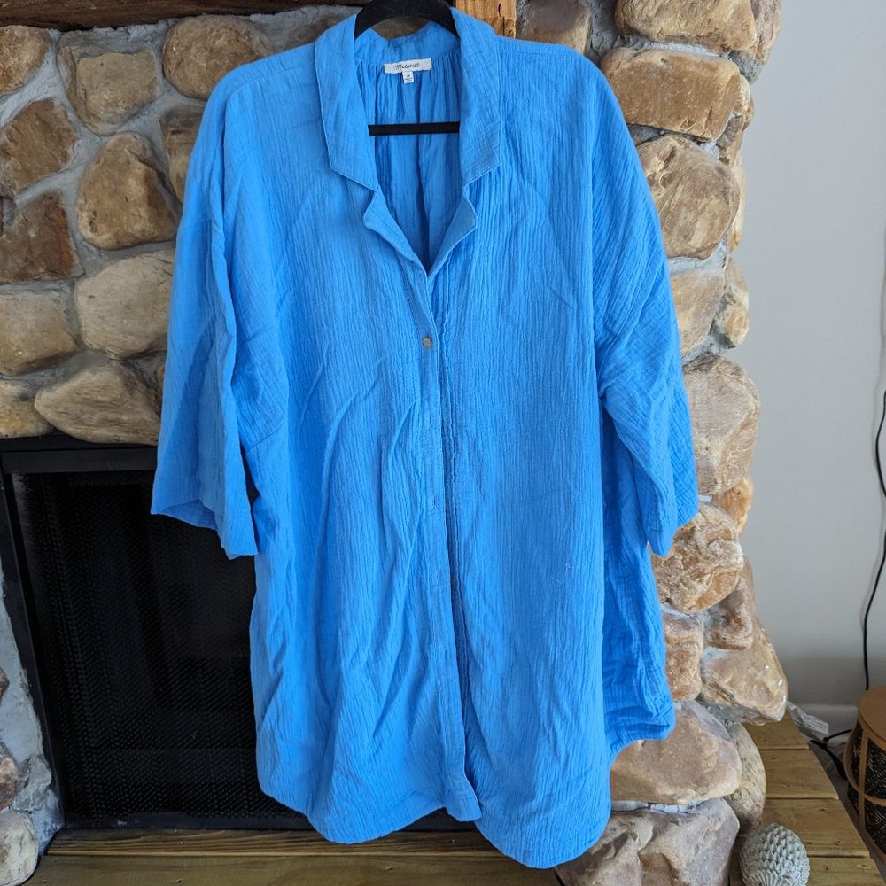 Madewell Blue Swim Coverup with V-Neck and 3/4 Sleeves